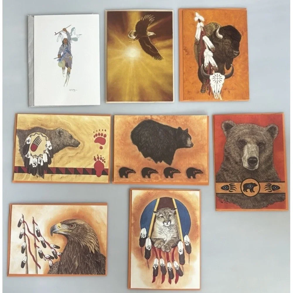 8 Vtg Wildlife Note Cards w Envelopes Cougar Eagle Bear Buffalo Blank Inside 5x7